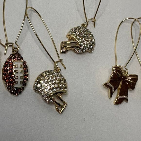 Women’s Dangle Football Earrings Faux Pave Crystals Football Helmet Bows NWOT - Picture 3 of 4